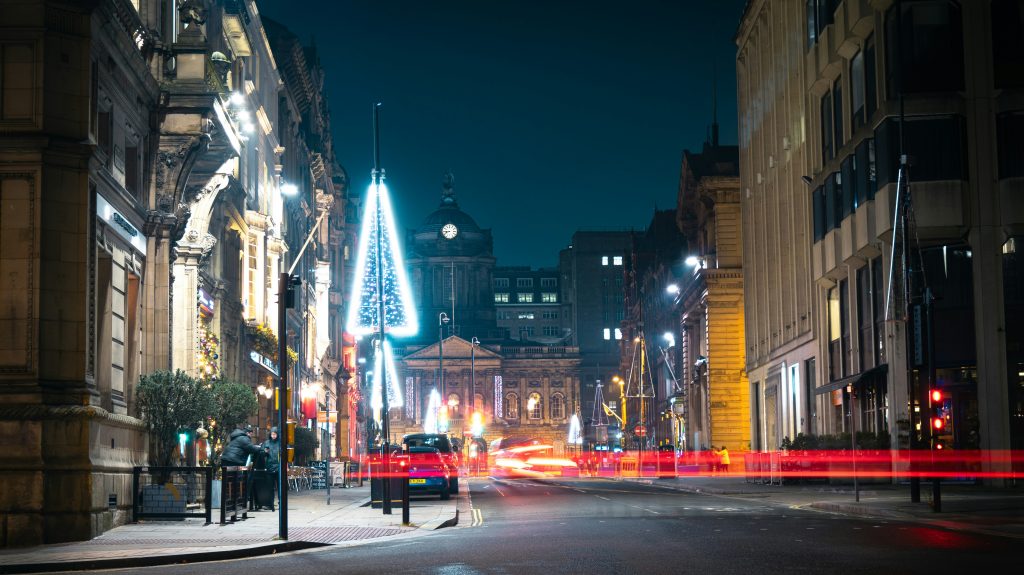 Liverpool Castle Street at Night with Christmas Lighting in the Background